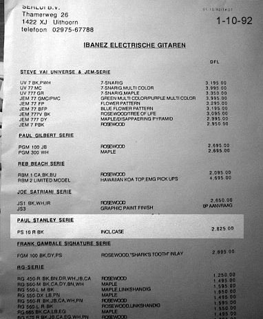 1982 European Price list showing the Paul Stanley PS-10R