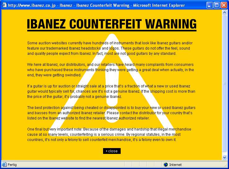 Ibanez counterfeit warning