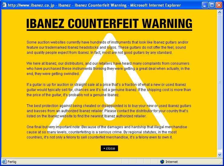 Ibanez counterfeit warning